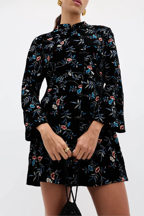 Delphina Mini Dress - Botanical Embroidery Black