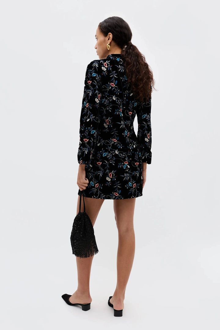 Delphina Mini Dress - Botanical Embroidery Black