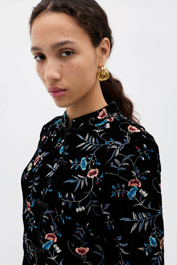 Delphina Mini Dress - Botanical Embroidery Black