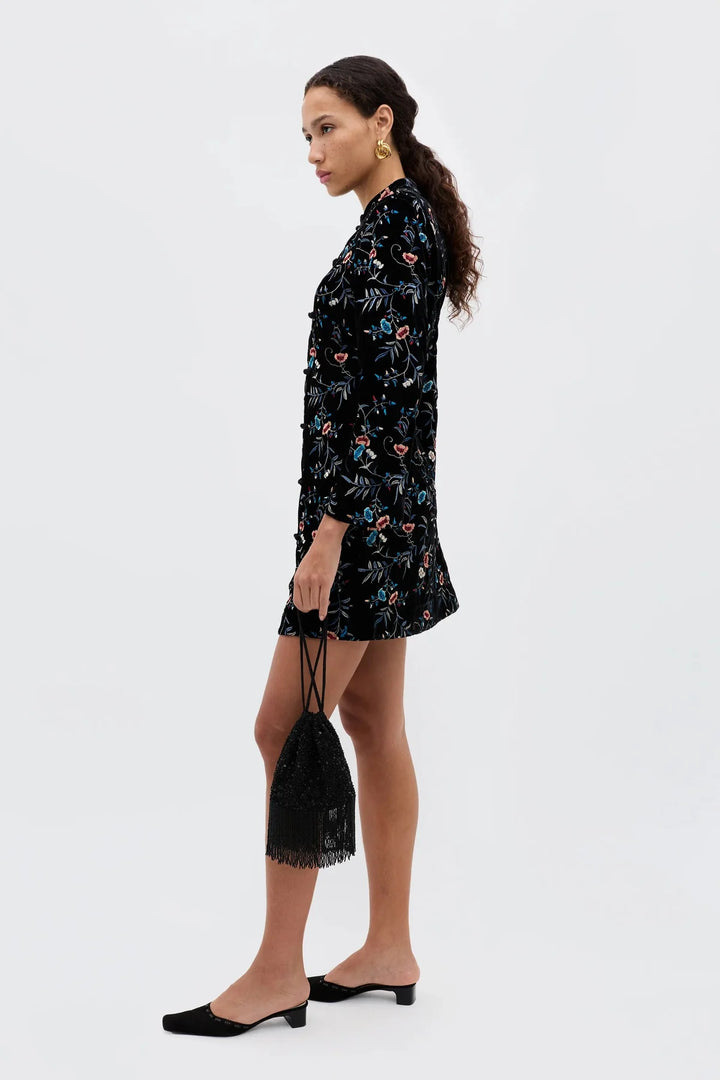 Delphina Mini Dress - Botanical Embroidery Black