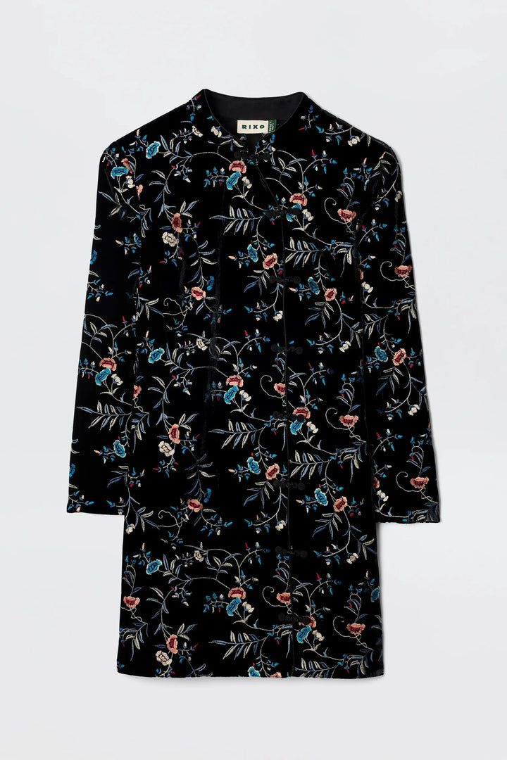 Delphina Mini Dress - Botanical Embroidery Black
