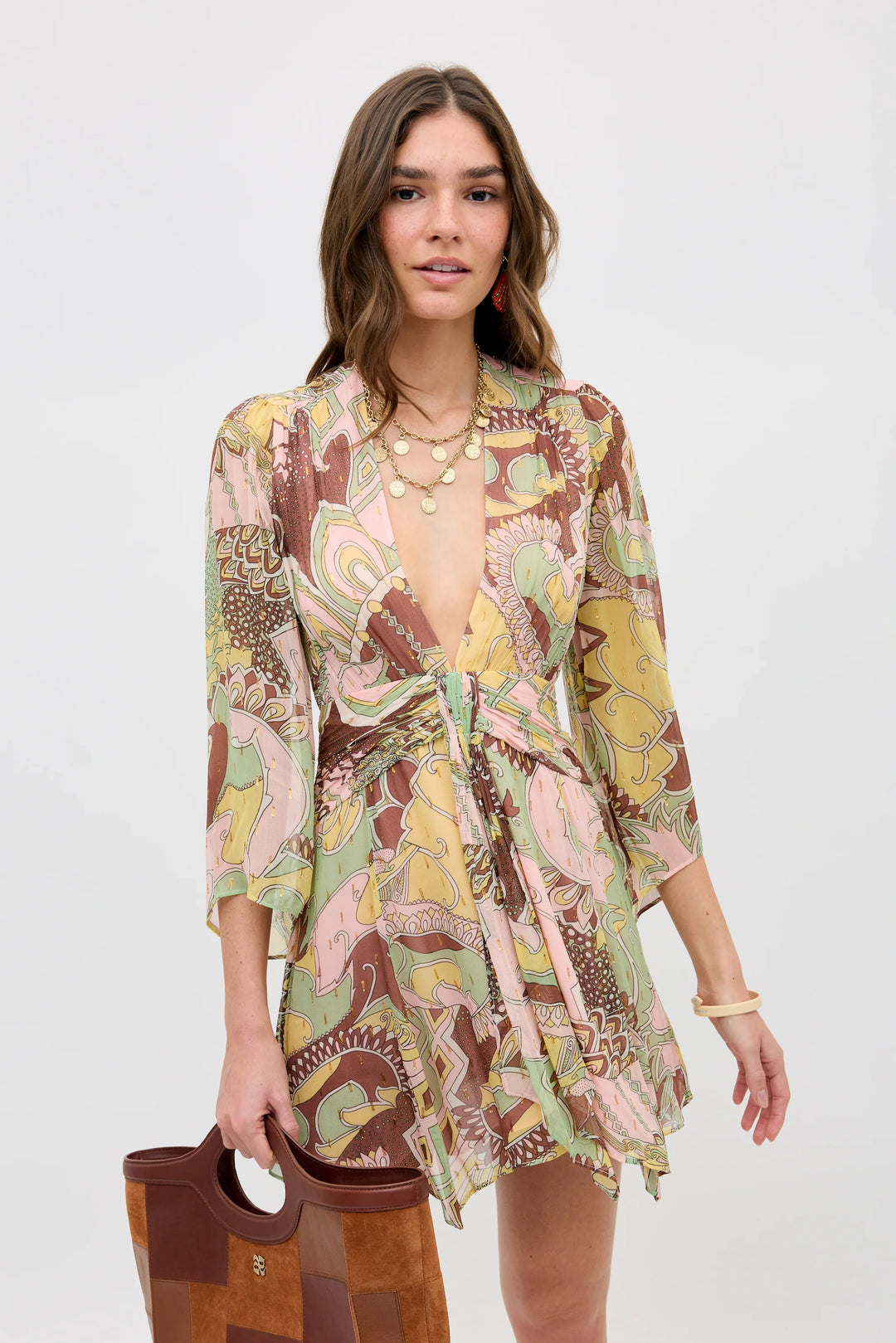 Clove Lurex Chiffon Mini Dress - Bianca Abstract Green