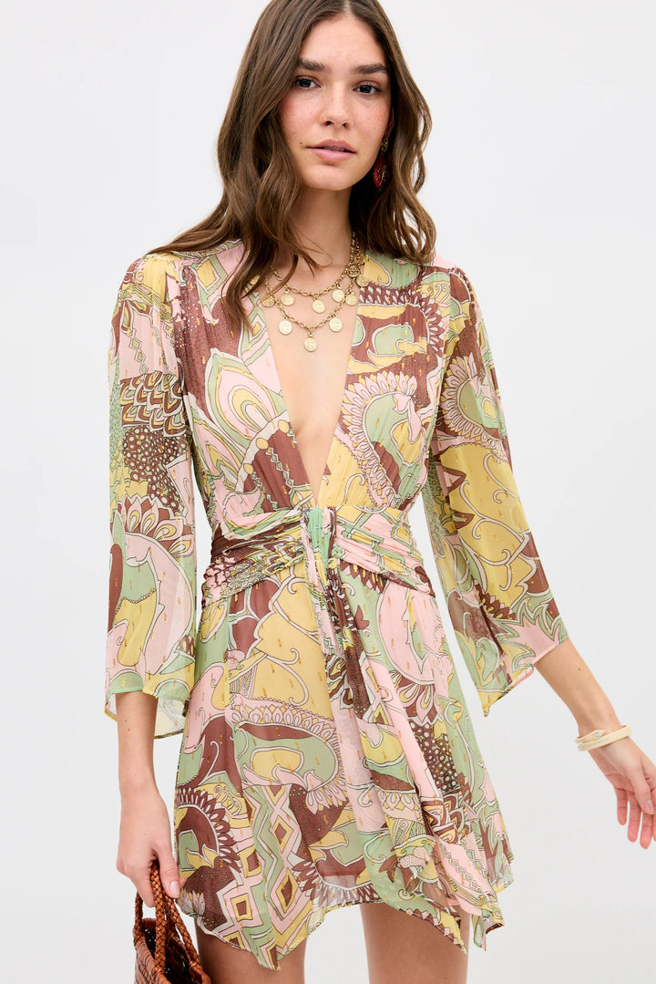Clove Lurex Chiffon Mini Dress - Bianca Abstract Green