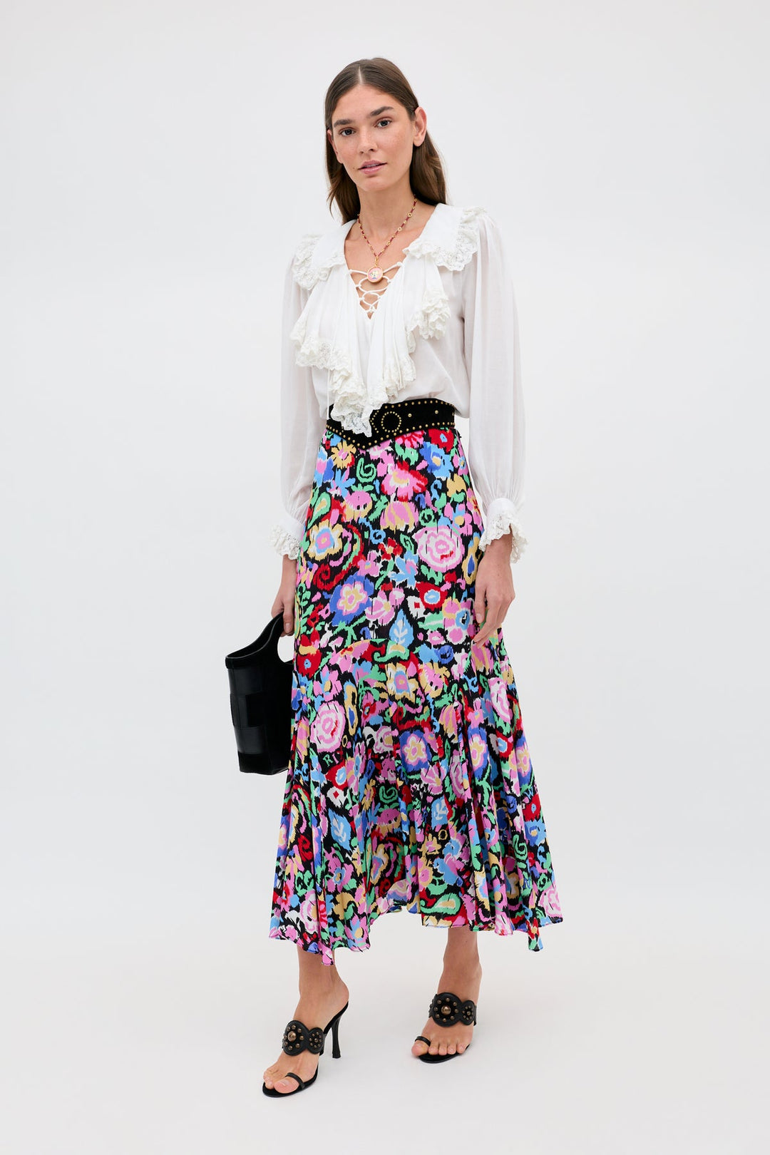 Libbie Midi Skirt - Ikat Bloom Charcoal - Frontiers Woman