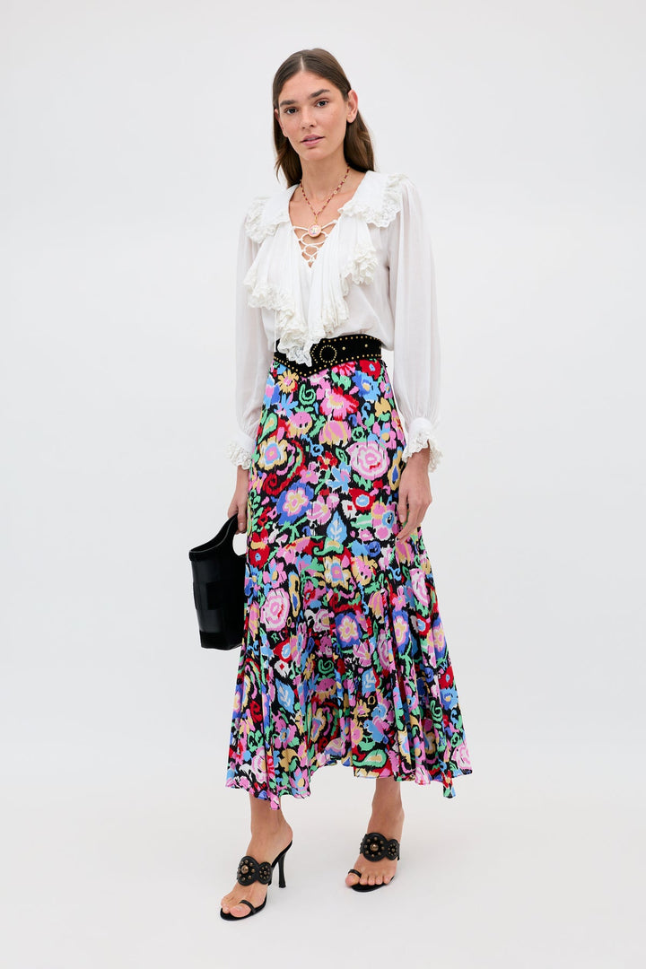 Libbie Midi Skirt - Ikat Bloom Charcoal - Frontiers Woman