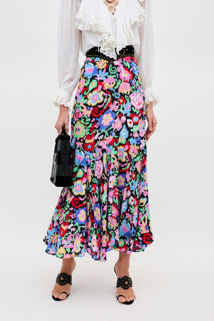 Libbie Midi Skirt - Ikat Bloom Charcoal - Frontiers Woman
