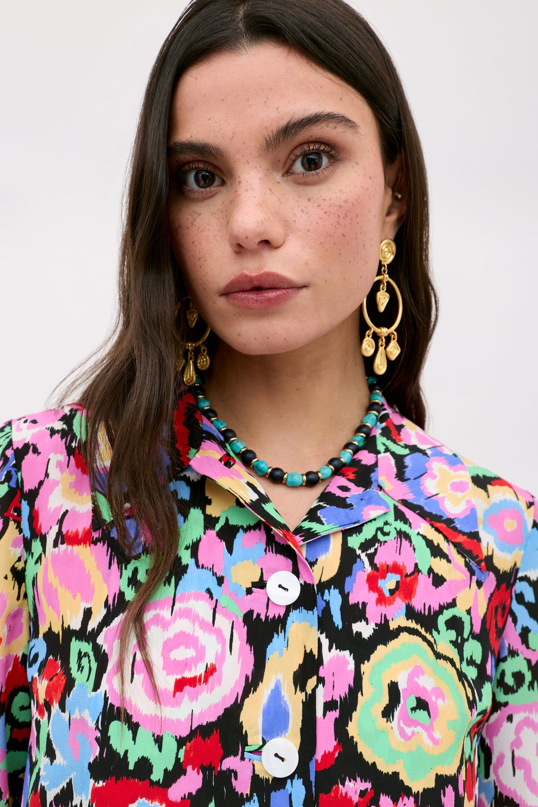 Ginette Silk Shirt - Ikat Bloom Charcoal