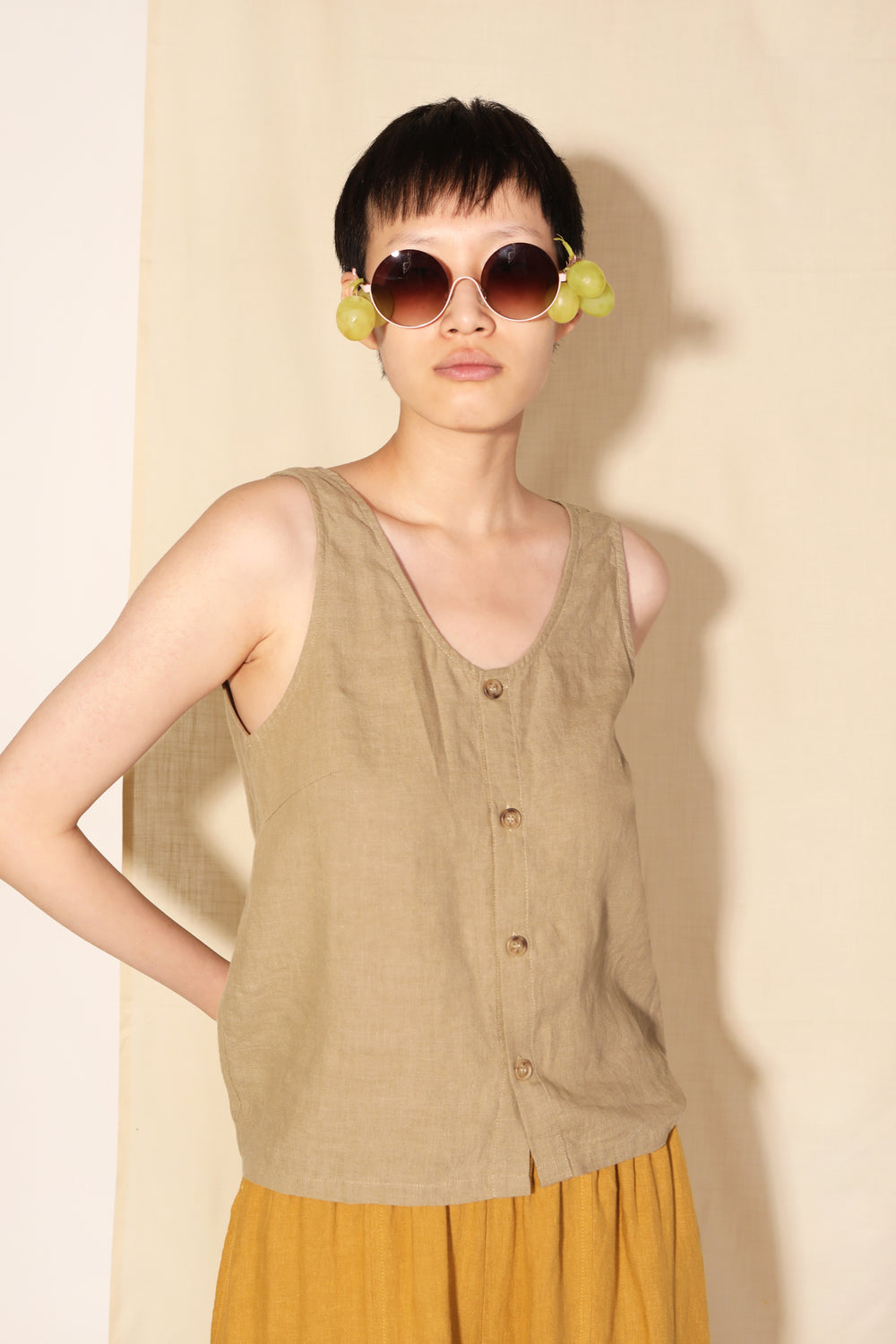 Button Front Tank - Stone