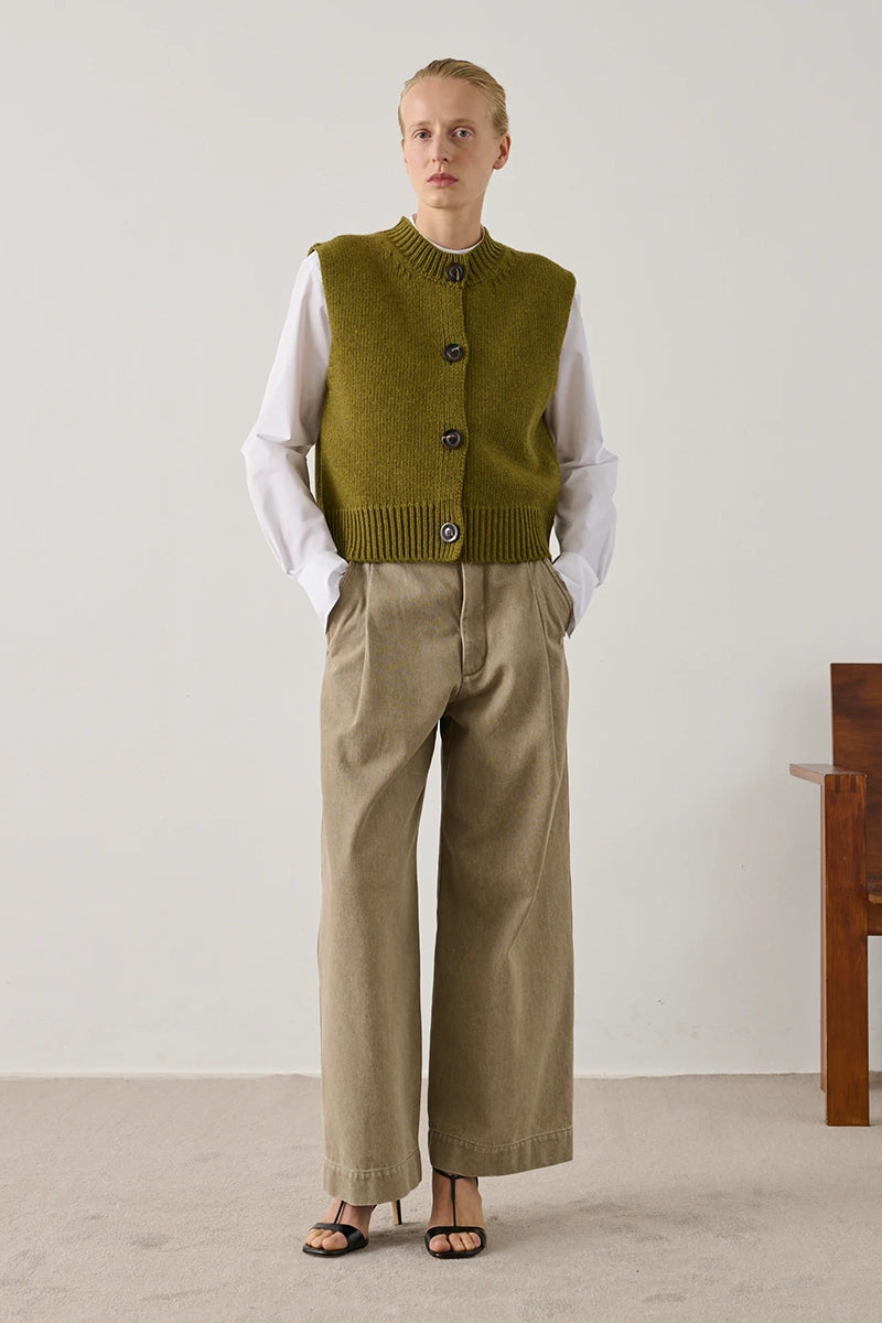 Ivana Wool Sleeveless Cardigan - Olive Green