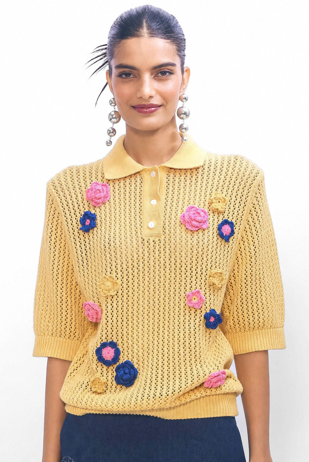 Petal Patch Polo Knit - Yellow/Multi