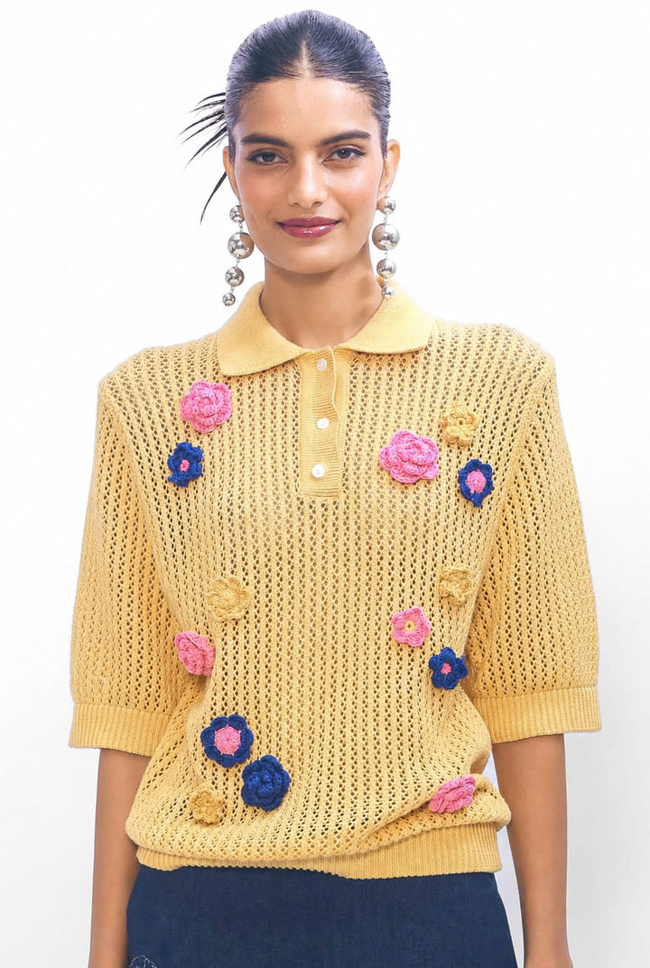 Petal Patch Polo Knit - Yellow/Multi