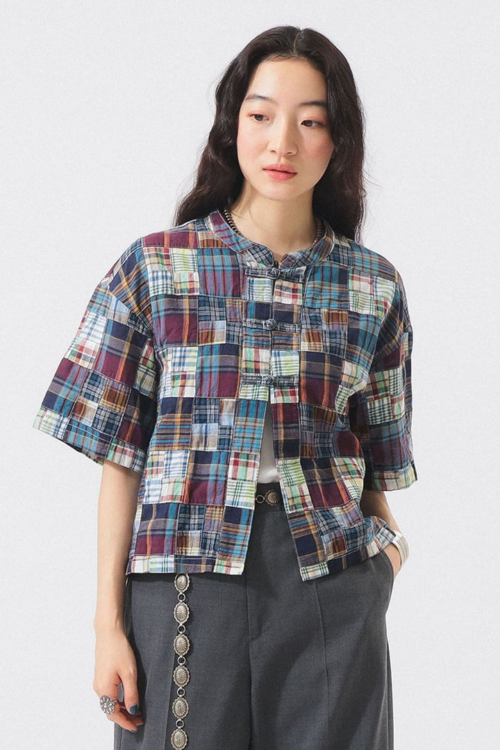 Patch Work Short Sleeve Top - Blue Multi - Frontiers Woman