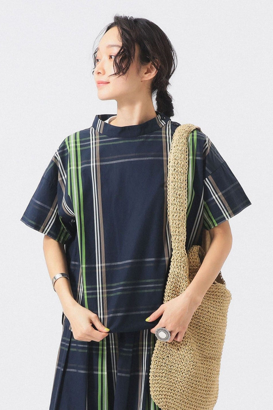 Big Tartan Short Sleeve Top - Navy - Frontiers Woman