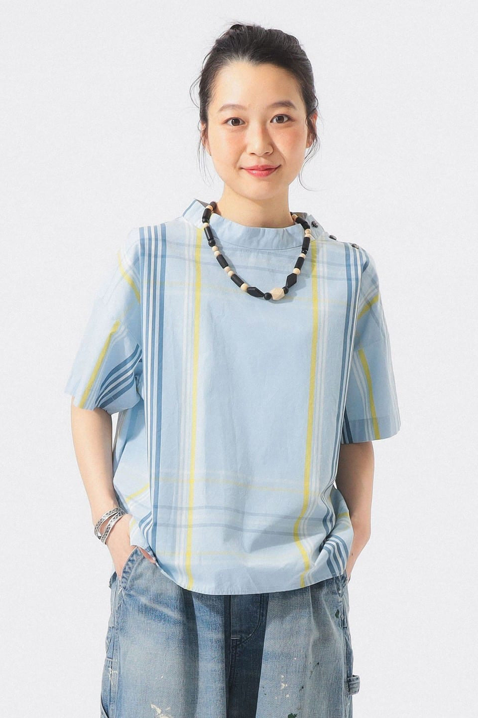 Big Tartan Short Sleeve Top - Light Blue - Frontiers Woman