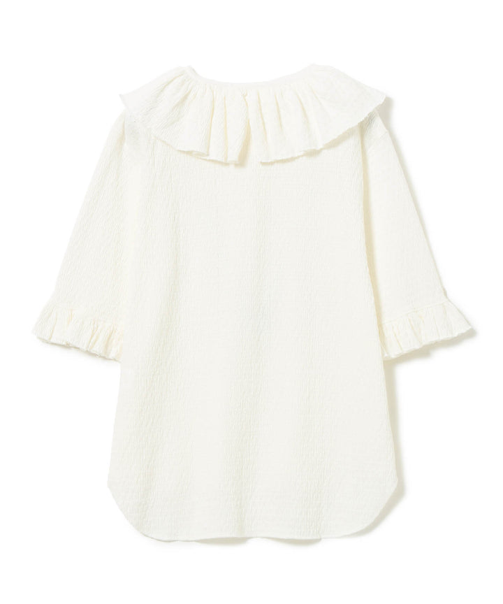 Jacquard Fringe Gathered Short Sleeve Top - Off White - Frontiers Woman