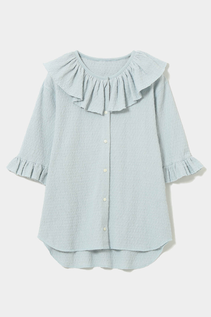 Jacquard Fringe Gathered Short Sleeve Top - Slate Blue - Frontiers Woman
