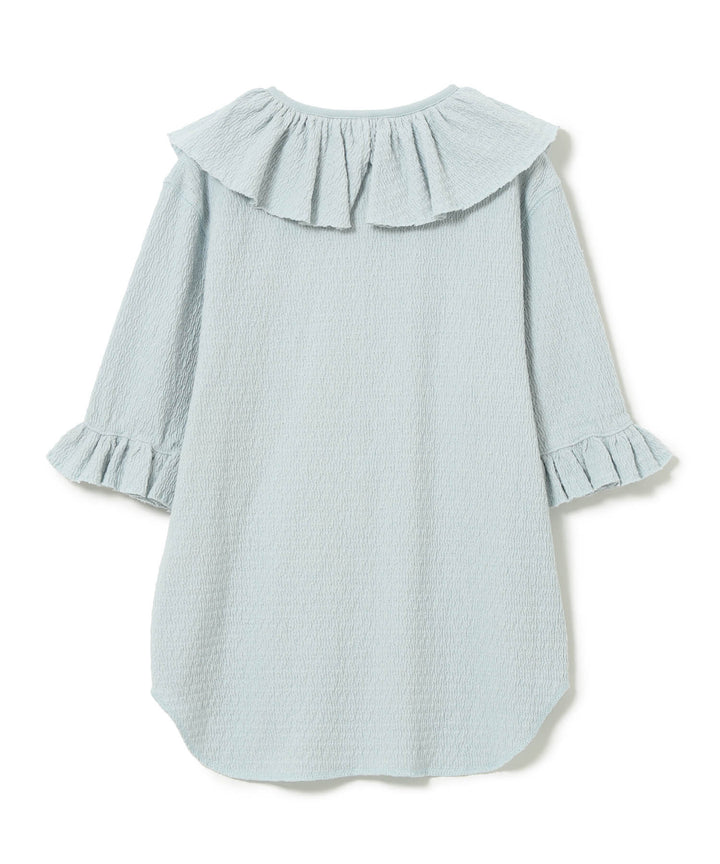 Jacquard Fringe Gathered Short Sleeve Top - Slate Blue - Frontiers Woman