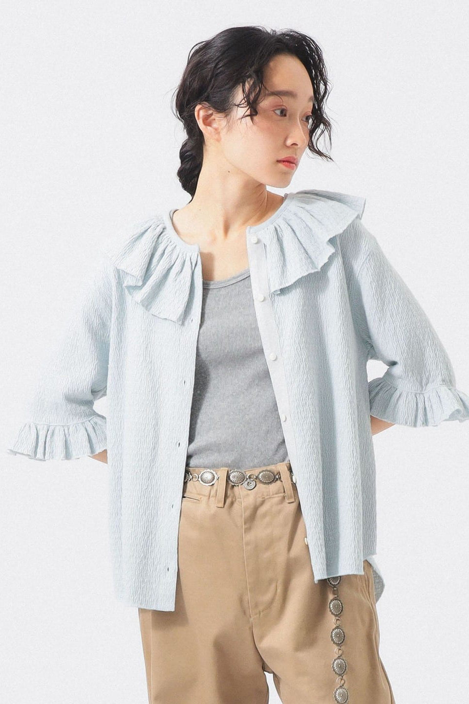 Jacquard Fringe Gathered Short Sleeve Top - Slate Blue - Frontiers Woman