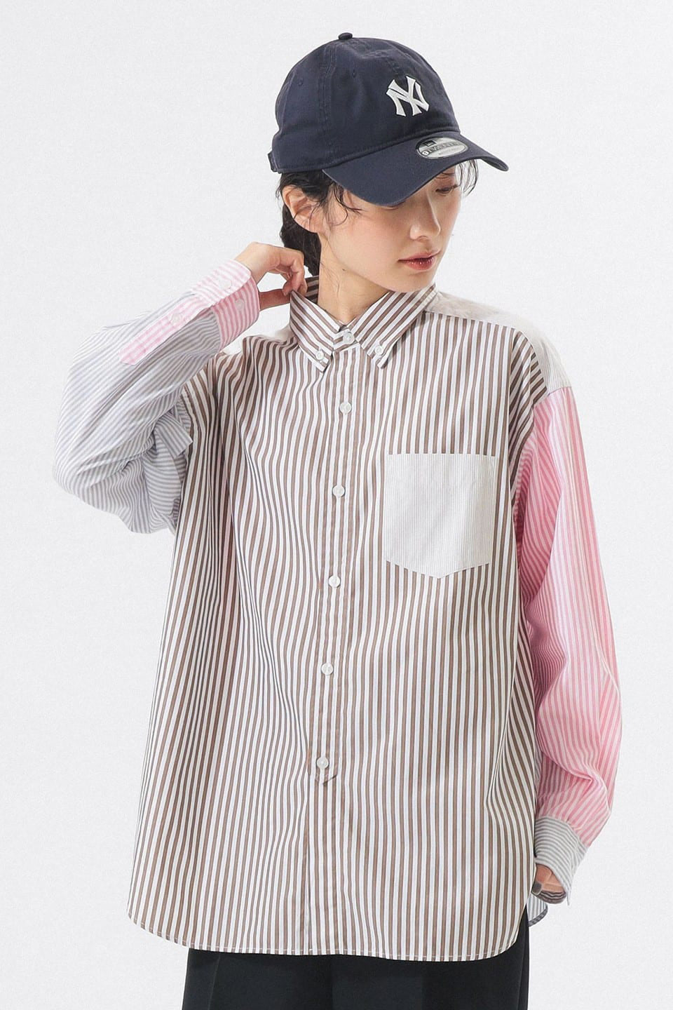 Stripped Crazy Button-Down Shirt - Brown - Frontiers Woman