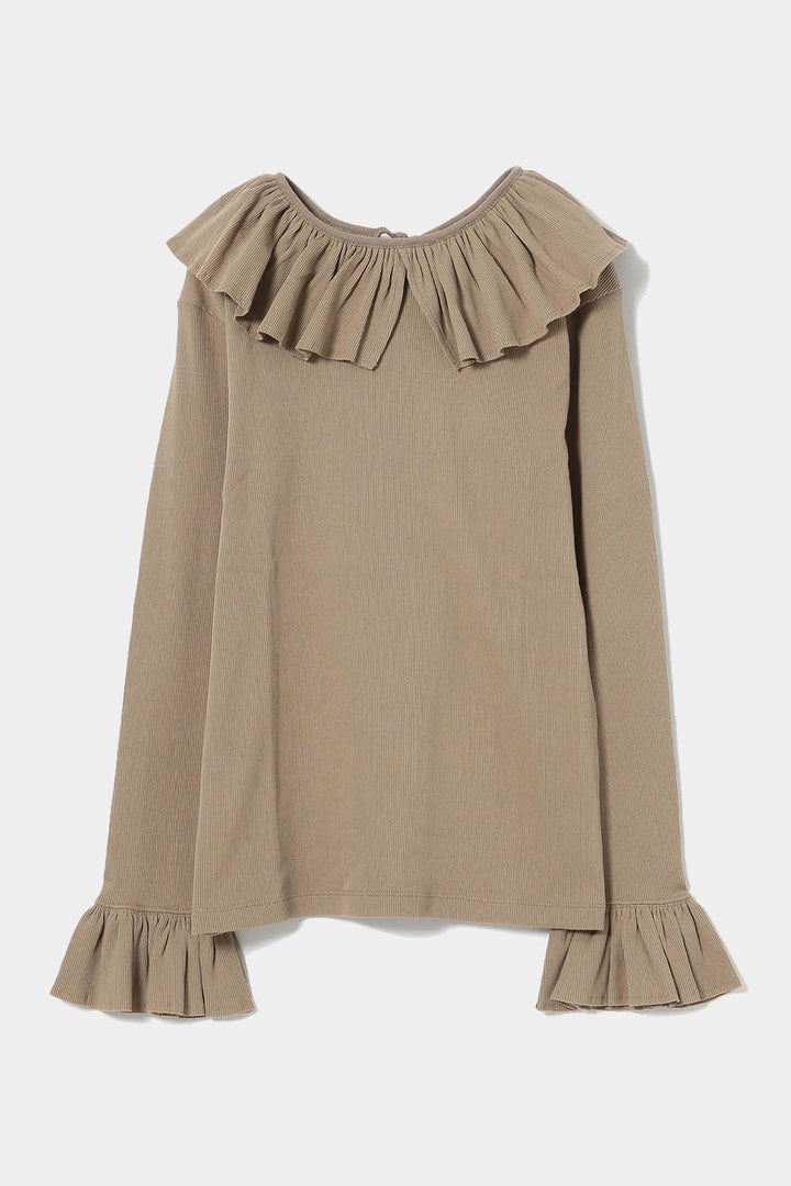 Rib Knitted Ruffle Gathered Long Sleeve T-Shirt - Beige