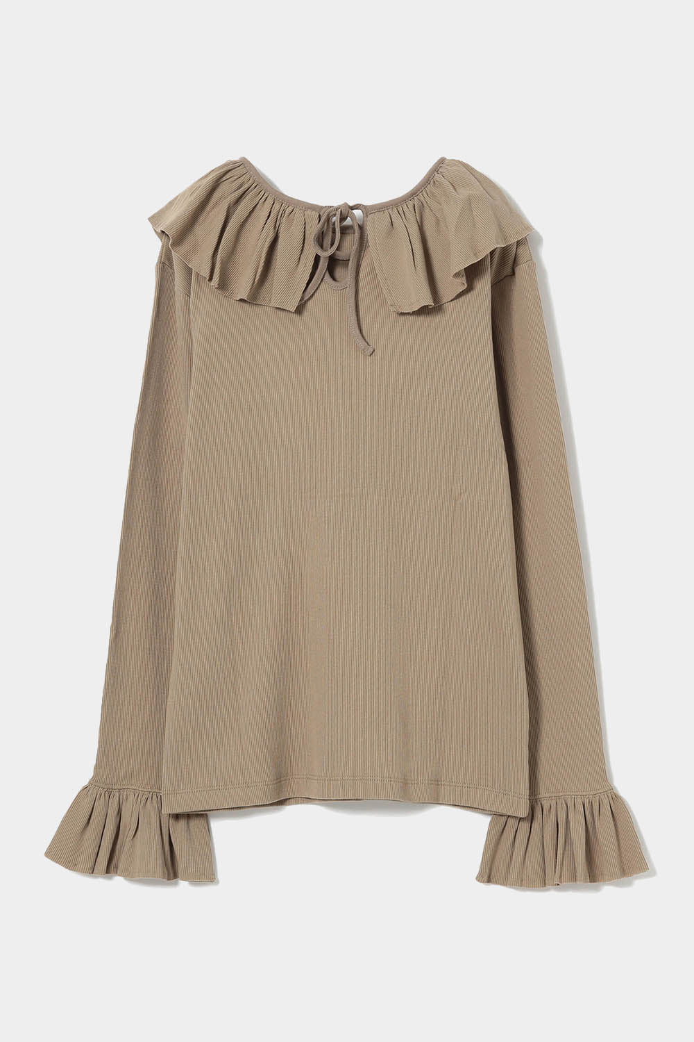 Rib Knitted Ruffle Gathered Long Sleeve T-Shirt - Beige
