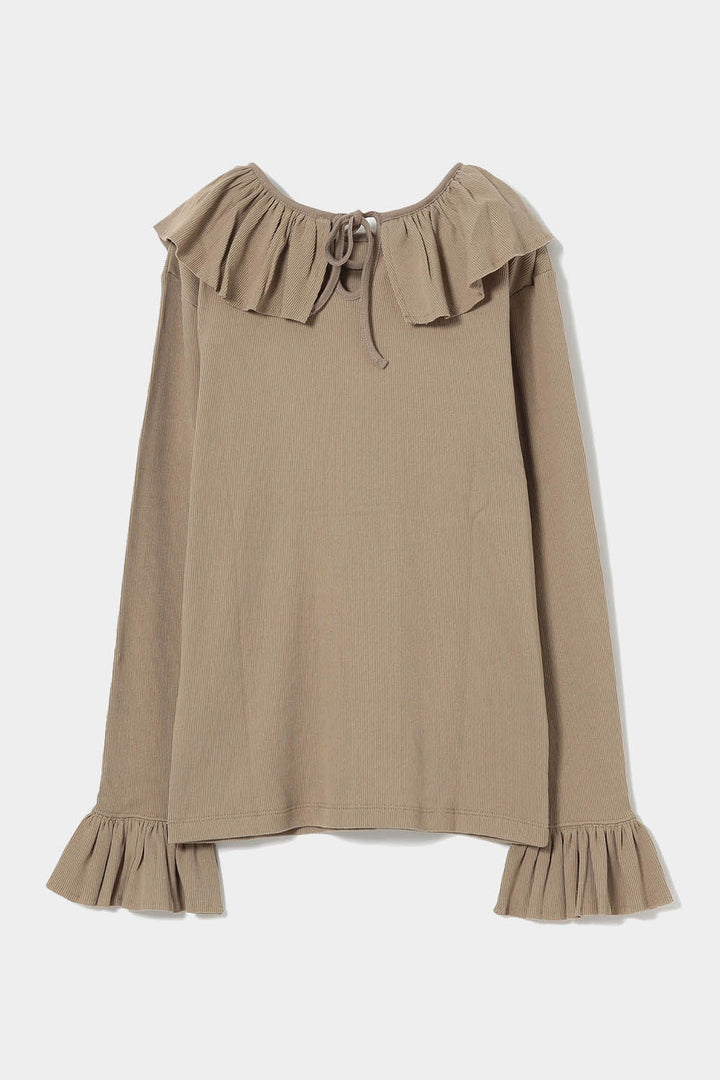 Rib Knitted Ruffle Gathered Long Sleeve T-Shirt - Beige