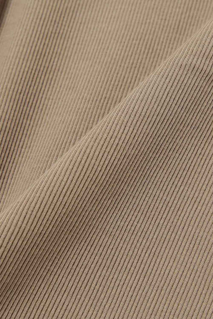 Rib Knitted Ruffle Gathered Long Sleeve T-Shirt - Beige