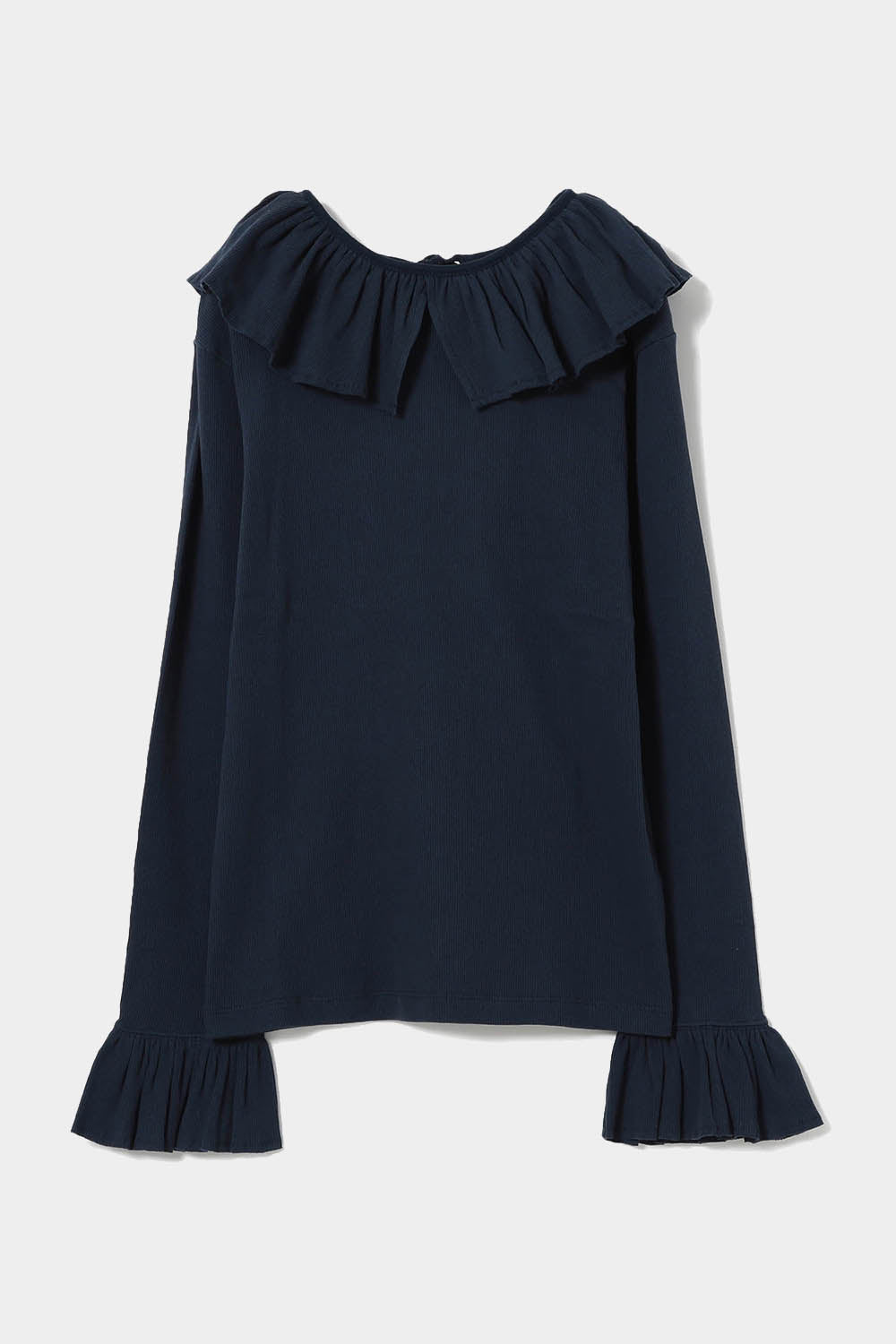 Rib Knitted Ruffle Gathered Long Sleeve T-Shirt - Navy