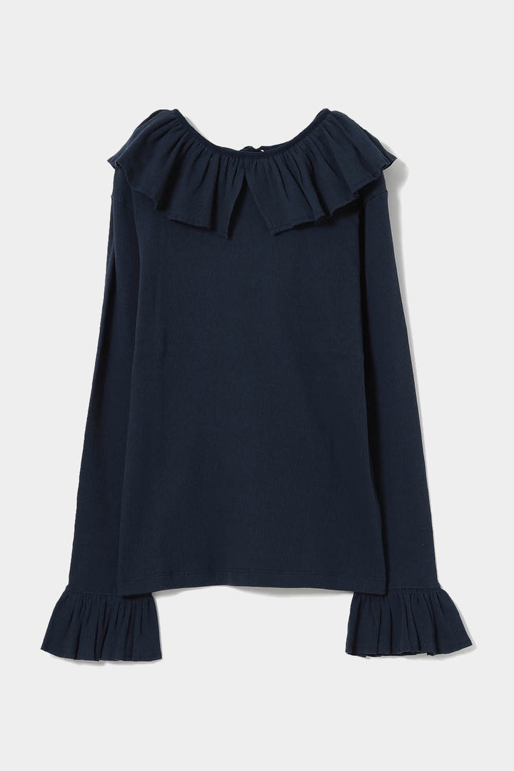 Rib Knitted Ruffle Gathered Long Sleeve T-Shirt - Navy