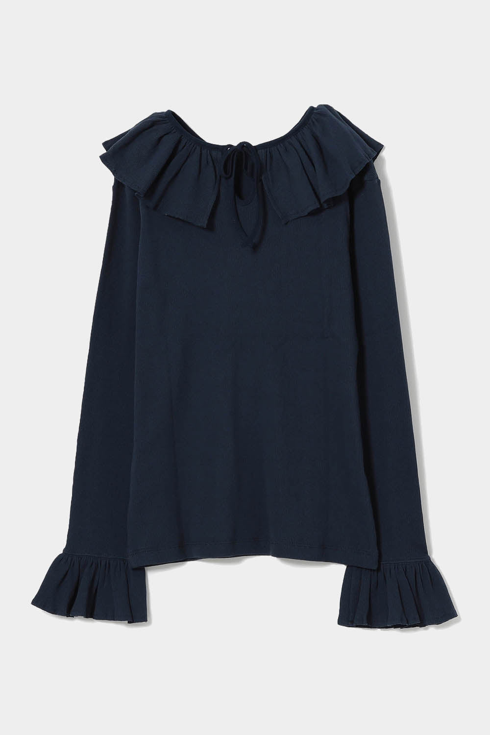 Rib Knitted Ruffle Gathered Long Sleeve T-Shirt - Navy