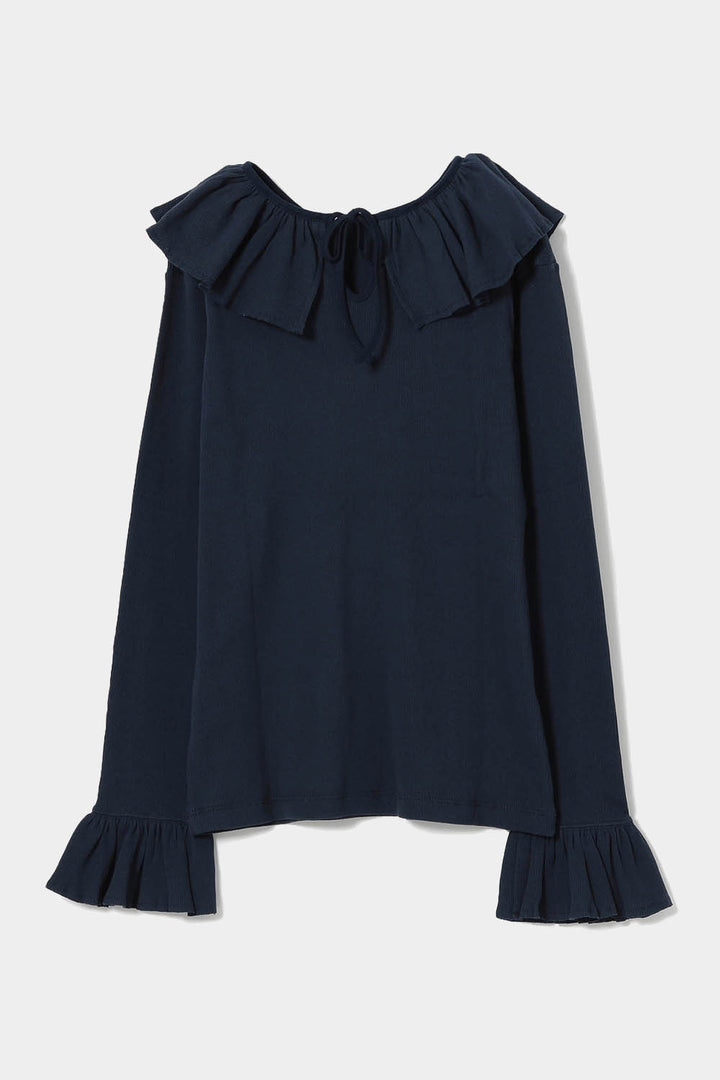 Rib Knitted Ruffle Gathered Long Sleeve T-Shirt - Navy