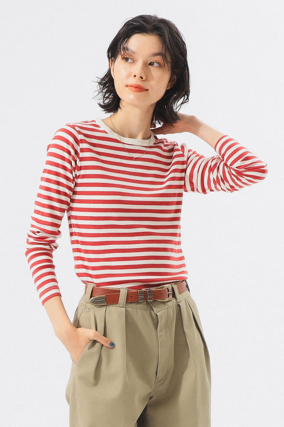 Rib Knitted Stripe T-Shirt - Red/Ivory - Frontiers Woman