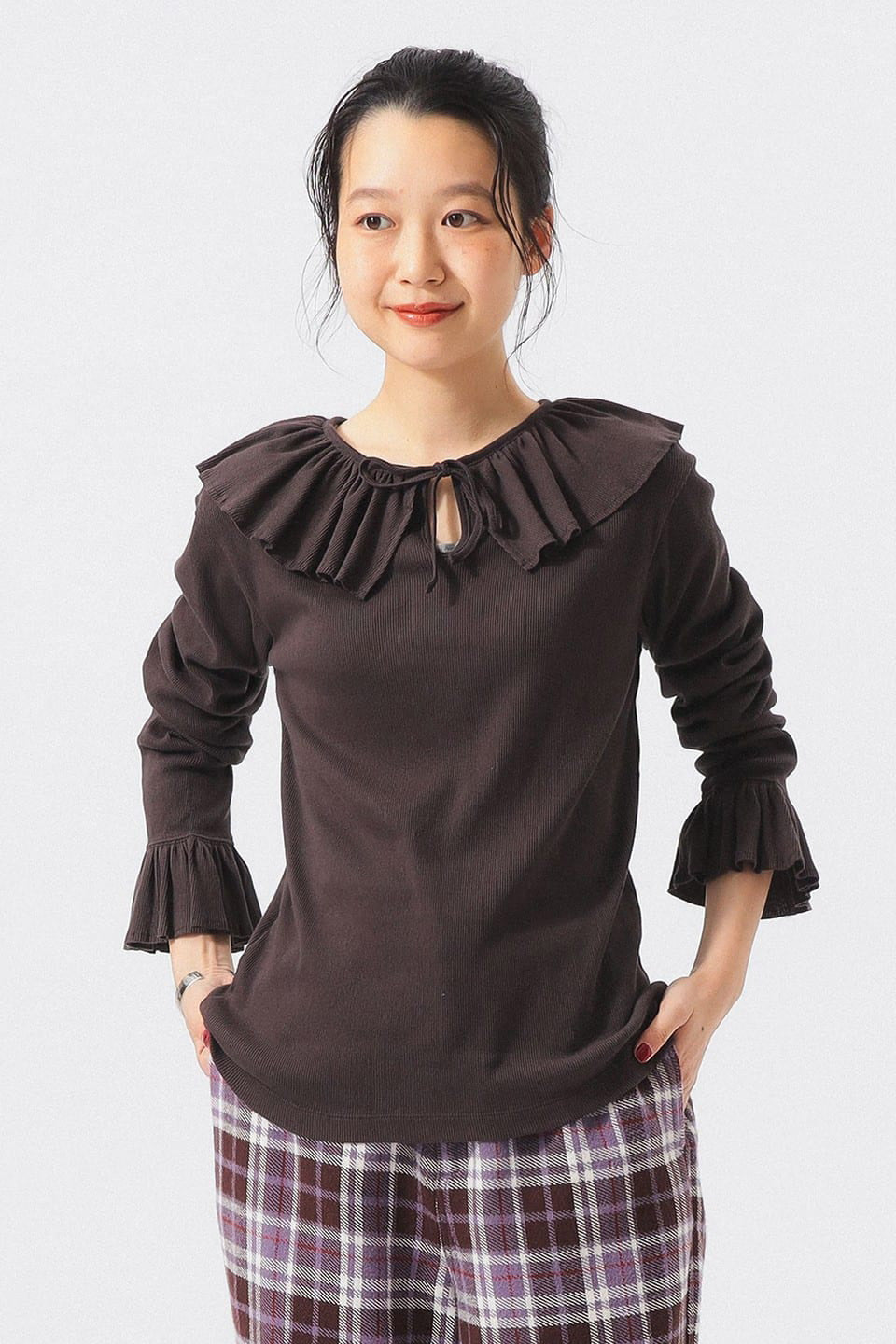Ribbed Ruffle Long Sleeve Top - Brown