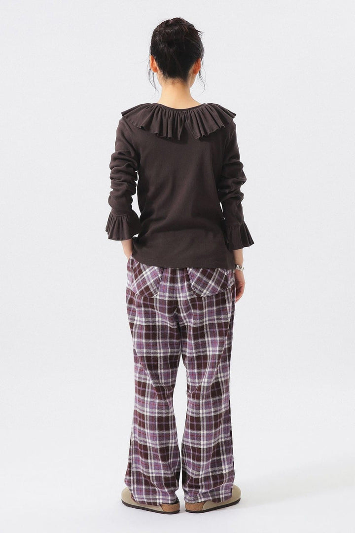Ribbed Ruffle Long Sleeve Top - Brown