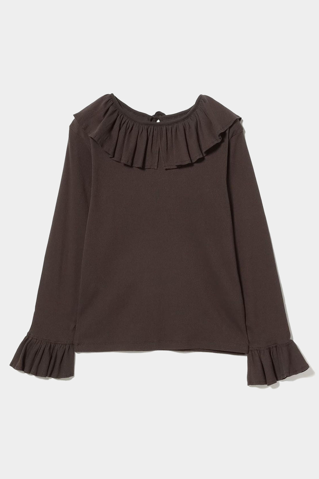 Ribbed Ruffle Long Sleeve Top - Brown