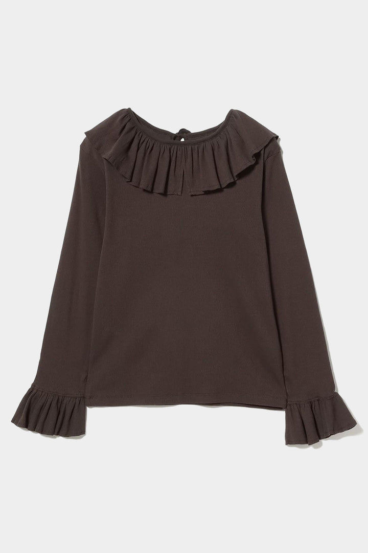 Ribbed Ruffle Long Sleeve Top - Brown