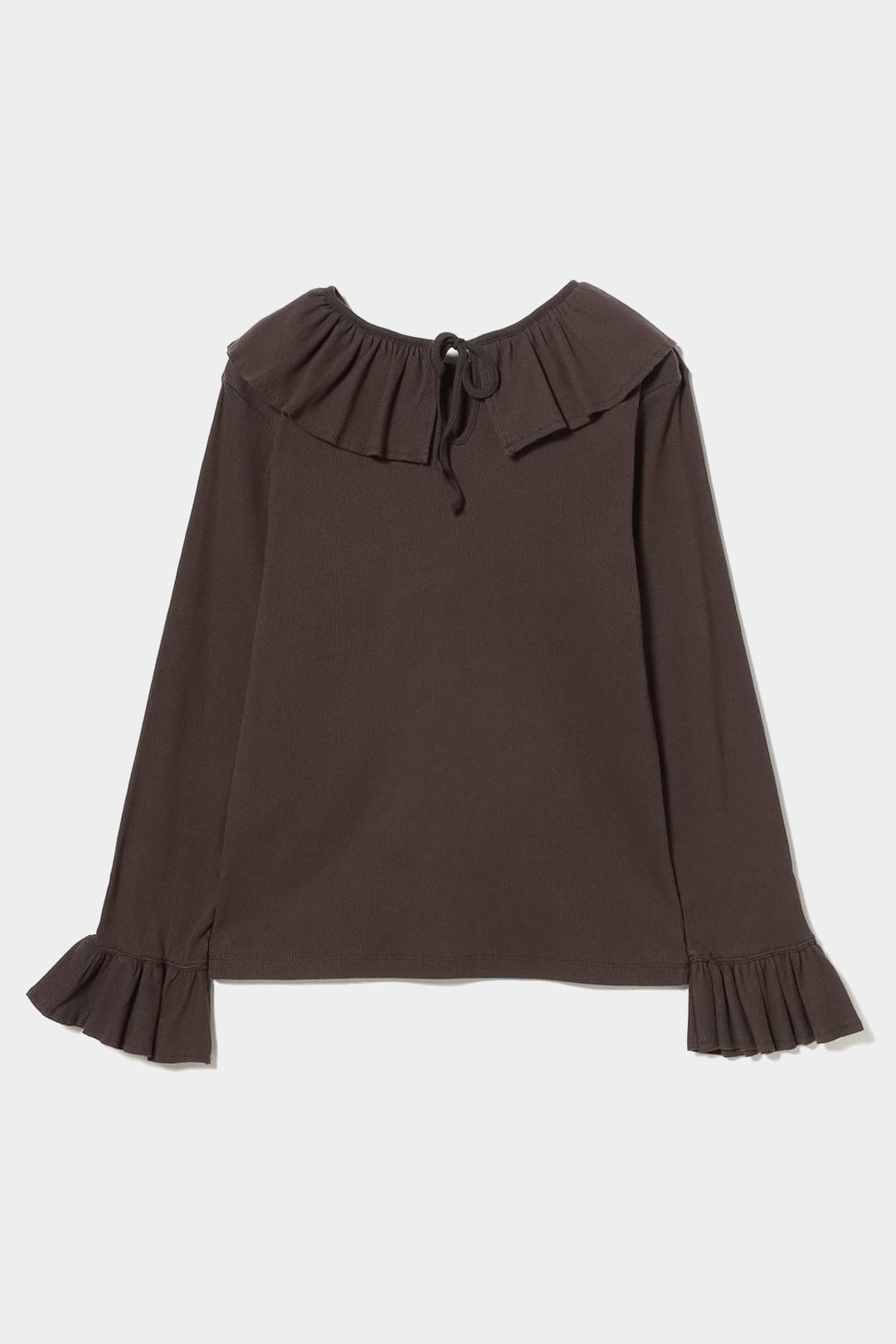 Ribbed Ruffle Long Sleeve Top - Brown