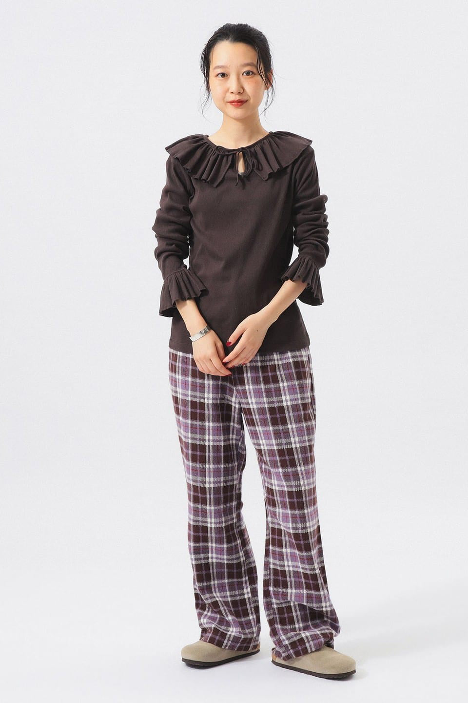 Ribbed Ruffle Long Sleeve Top - Brown