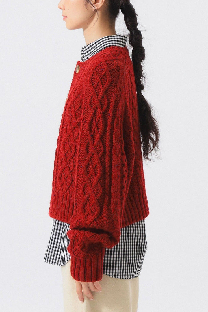 Colour Nep Aran Cardigan - Red