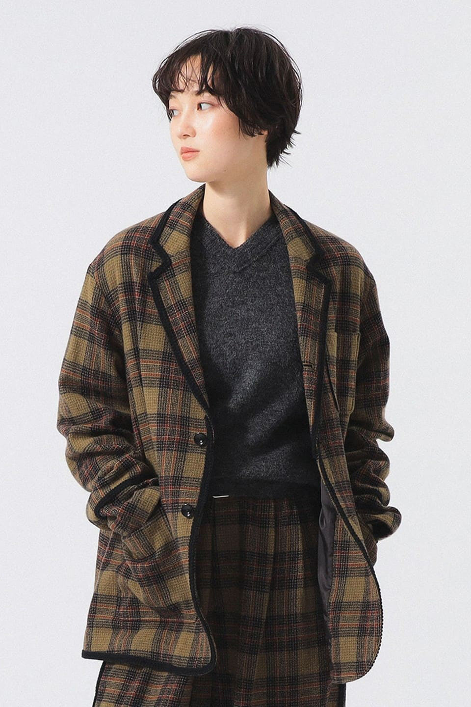 Wool Check Coat - Khaki