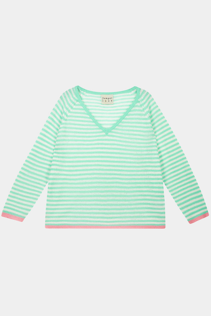 Tipped Little Stripe Cashmere Vee - Mojito/Cream/Cosmo Pink