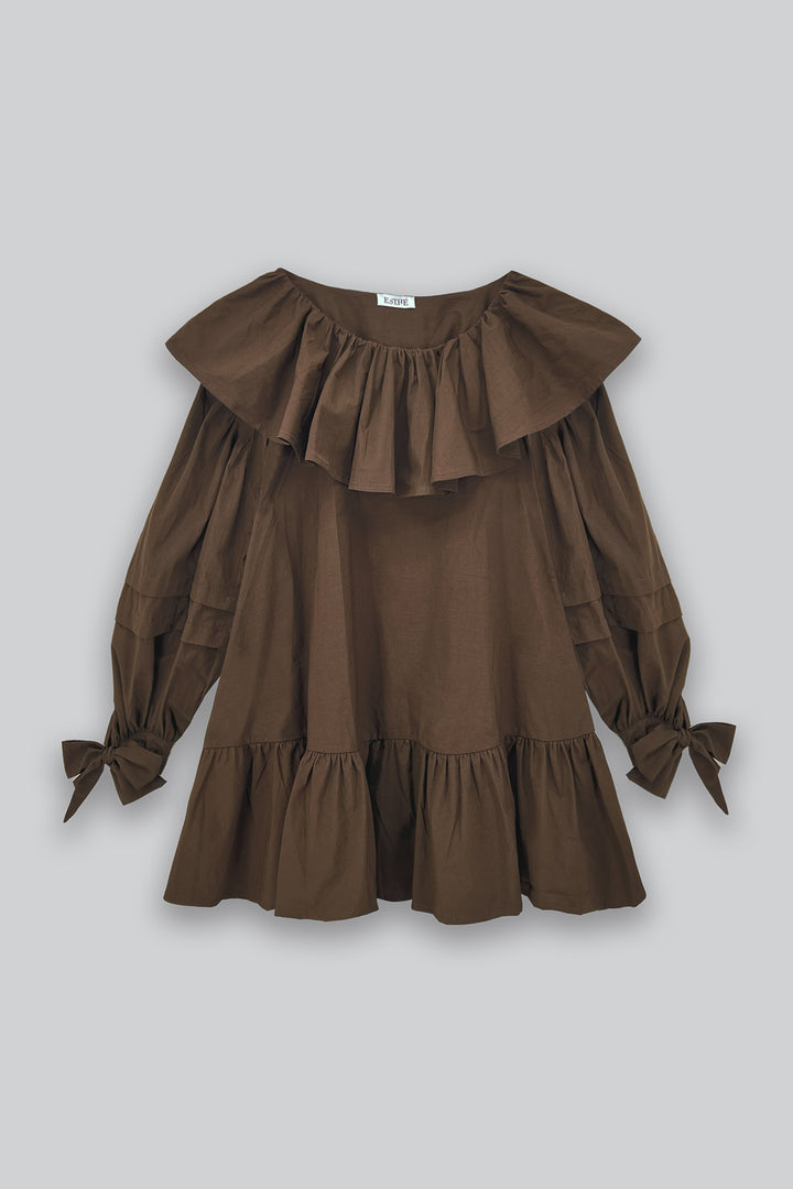 Oversized Ruffle Poplin Mini Dress - Brown - Frontiers Woman