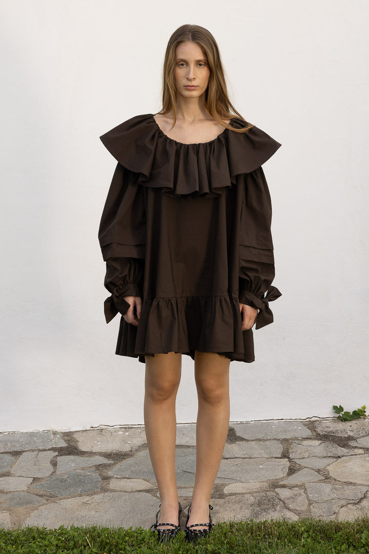 Oversized Ruffle Poplin Mini Dress - Brown - Frontiers Woman