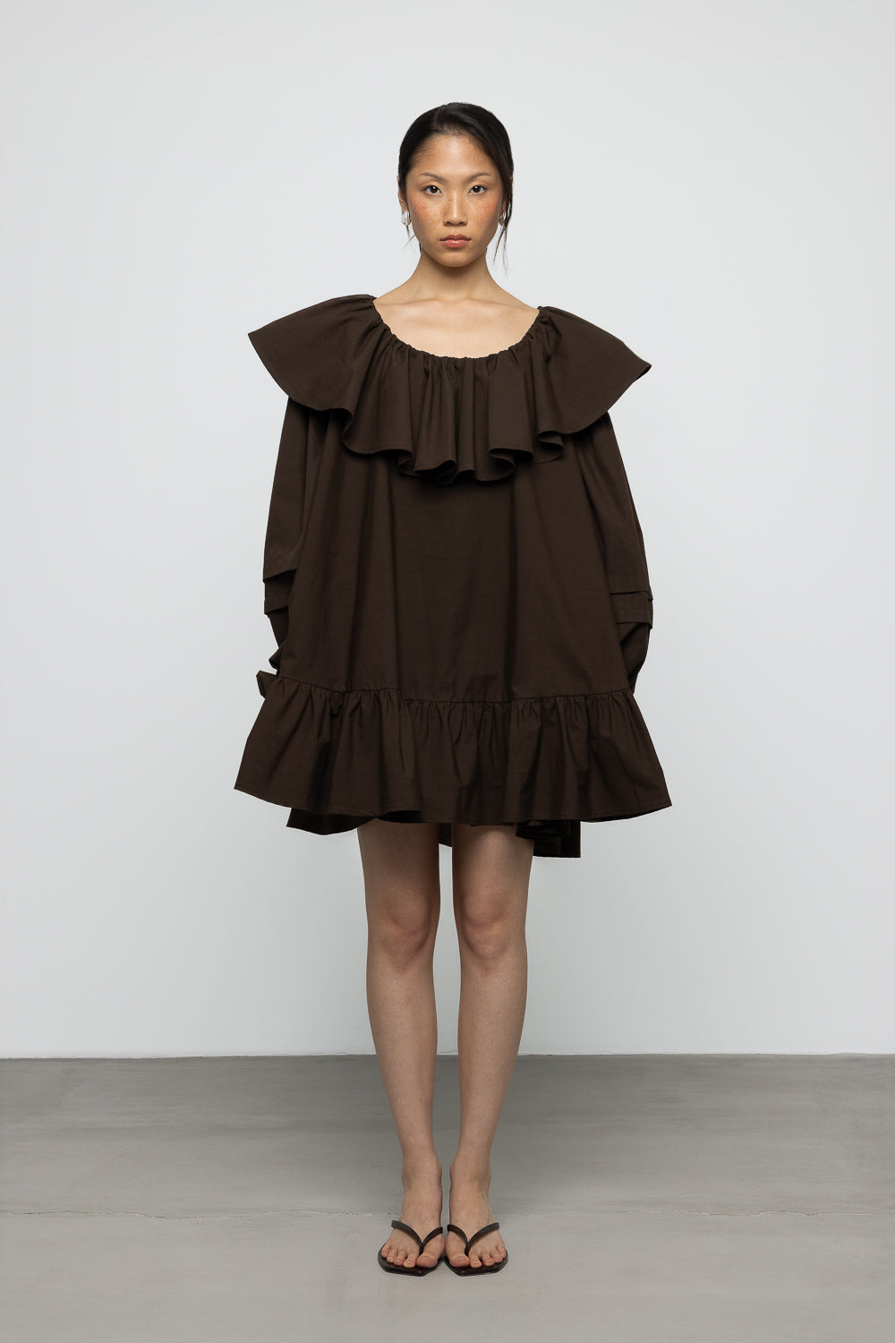Oversized Ruffle Poplin Mini Dress - Brown - Frontiers Woman