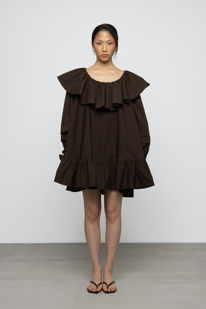 Oversized Ruffle Poplin Mini Dress - Brown - Frontiers Woman