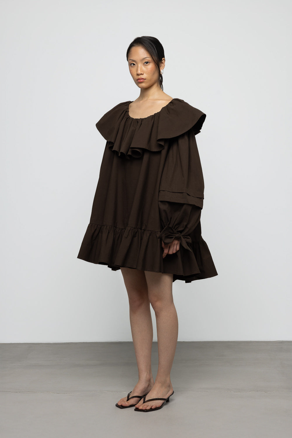 Oversized Ruffle Poplin Mini Dress - Brown - Frontiers Woman