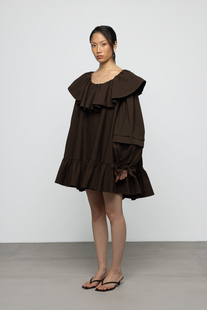 Oversized Ruffle Poplin Mini Dress - Brown - Frontiers Woman