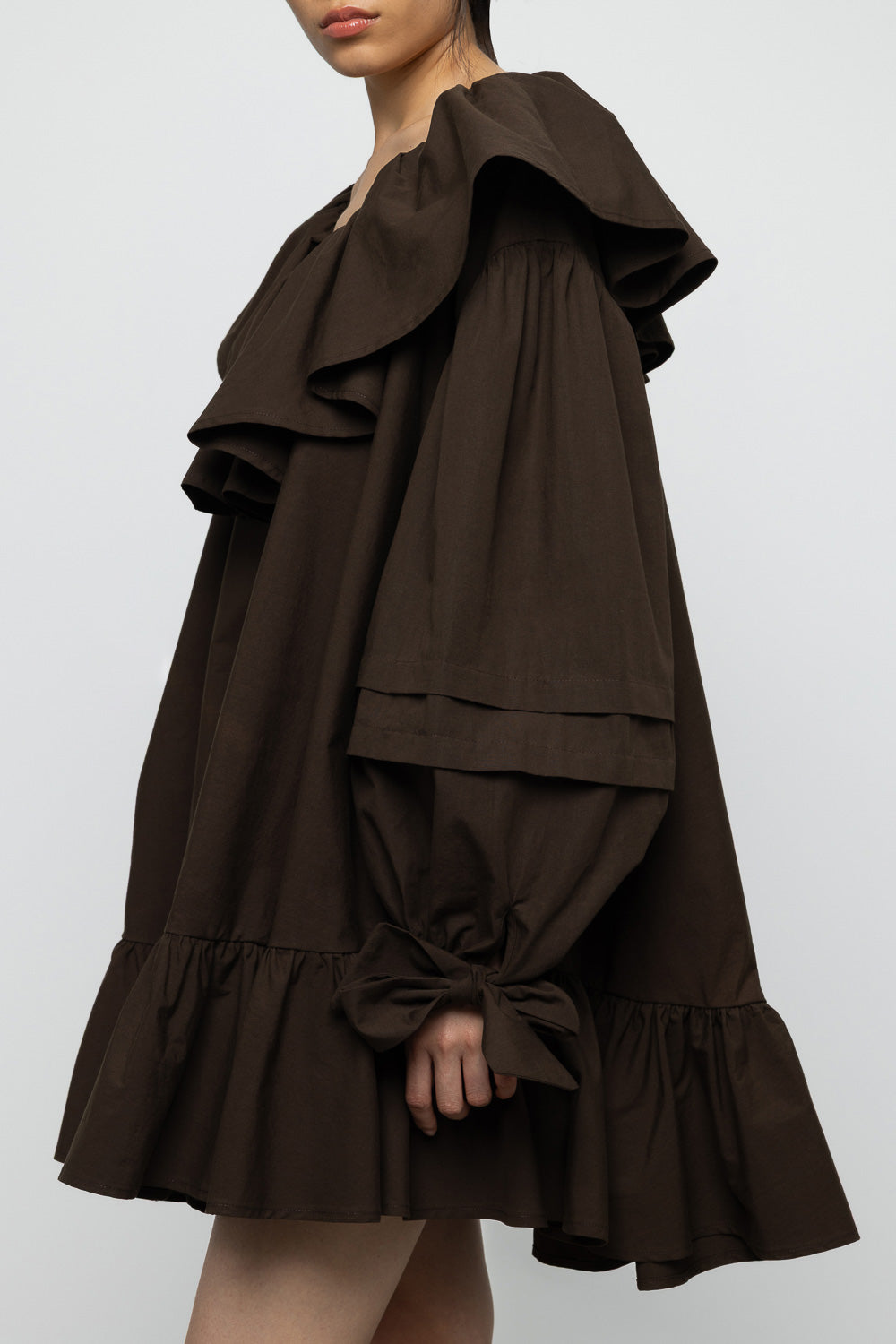 Oversized Ruffle Poplin Mini Dress - Brown - Frontiers Woman