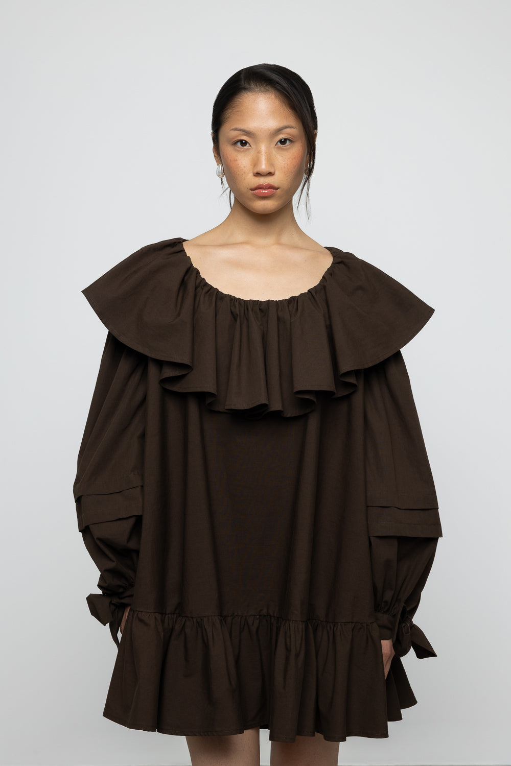 Oversized Ruffle Poplin Mini Dress - Brown - Frontiers Woman