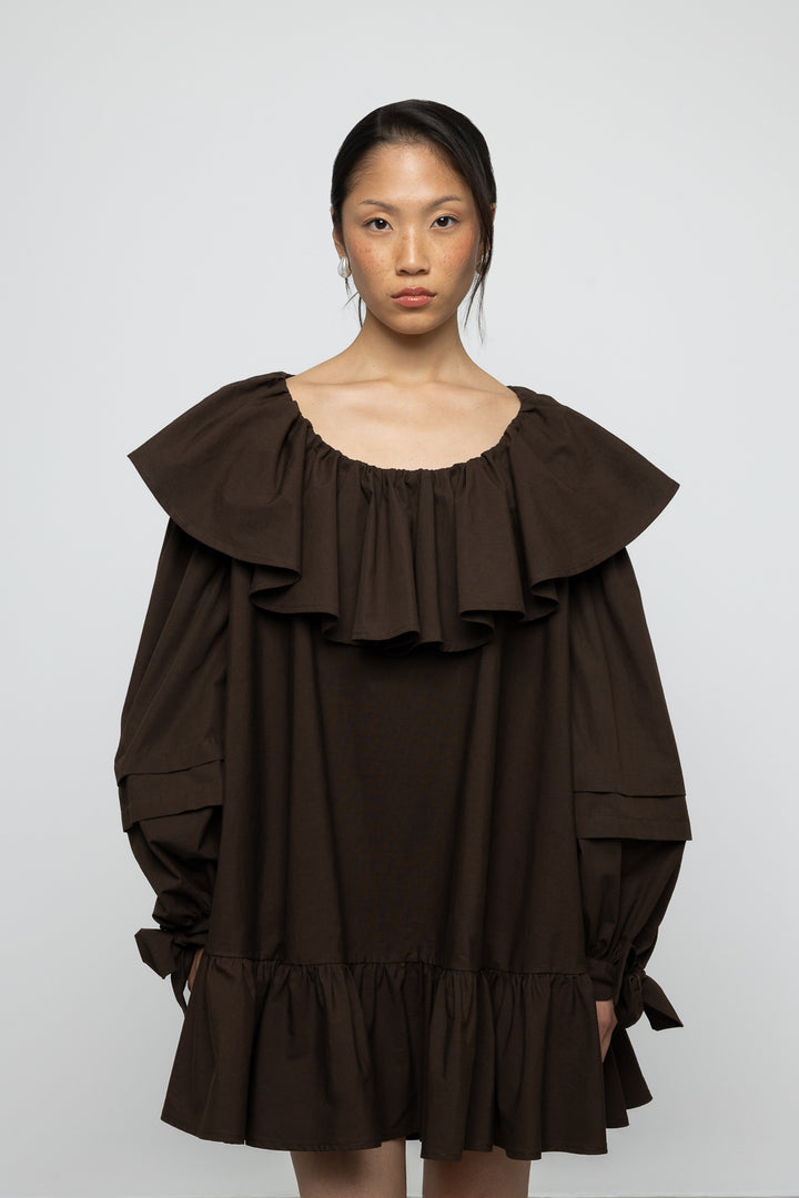 Oversized Ruffle Poplin Mini Dress - Brown - Frontiers Woman